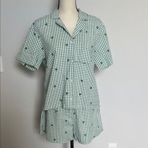 American Eagle Green Gingham Short Pajama Set with Heart Print